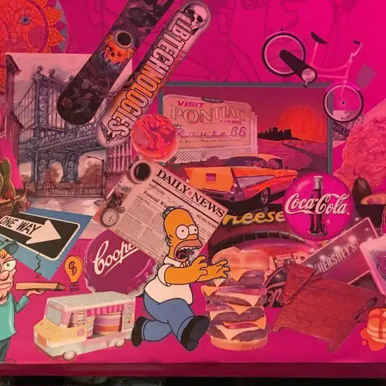 کلاژ پر جنب و جوش رستوران منهتن گریل با برگرهای غول‌پیکر، نمادهای پاپ آمریکایی و فضای دلنشین و متفاوت.