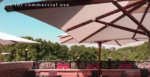 تراس زیبا و فضای باز رستوران آمولای با چترهای مدرن و محکم، ارائه دهنده تجربه‌ای دلپذیر با منظره‌ای فوق‌العاده از طبیعت و درختان سبز.