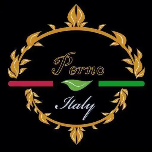 لوگوی رستوران ایتالیایی پرنو، با طراحی شیک و تزئینی، شامل نام "Perno" و "Italy" به همراه نماد برگ سبز و خطوط رنگی پرچم ایتالیا.