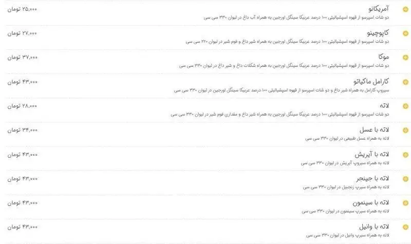منو کامل قهوه های اسپرسو لوکادونات شامل آمریکانو، کاپوچینو، موکا، کارامل ماکیاتو، لاته با طعمهای عسل، آیریش، وانیل و قیمتها.