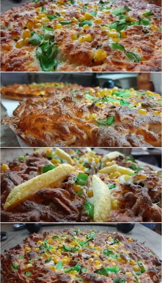 پیتزای لاکچری فست فود با ذرت، فلفل سبز و سیب زمینی سرخ کرده، کراست طلایی و ترد، تجربه ای لوکس و متفاوت.