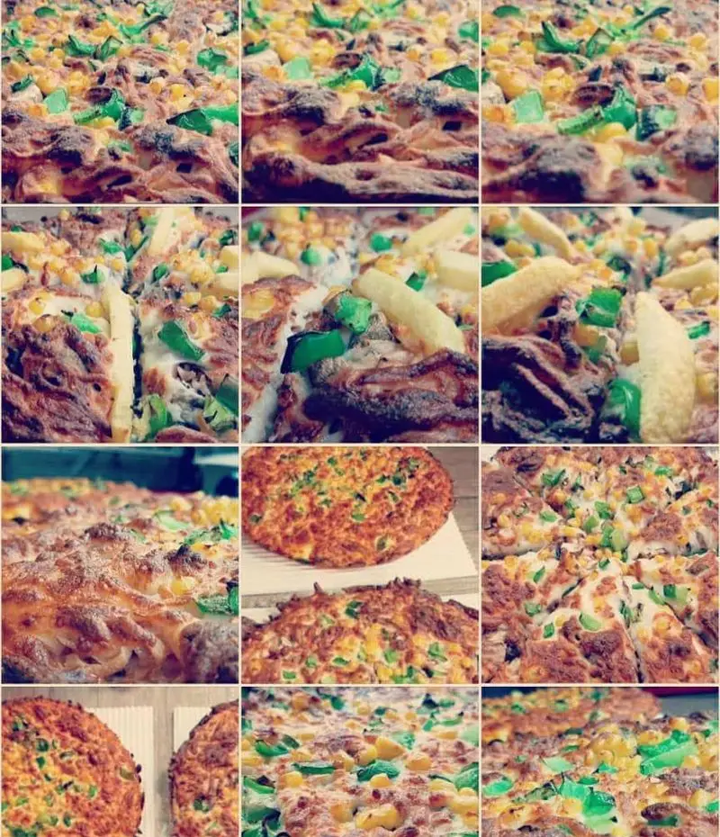 انواع پیتزاهای فست فود لاکچری با پنیر فراوان، ذرت، فلفل دلمه‌ای و سیب‌زمینی سرخ کرده. تجربه‌ای خاص از یک پیتزای خوشمزه.