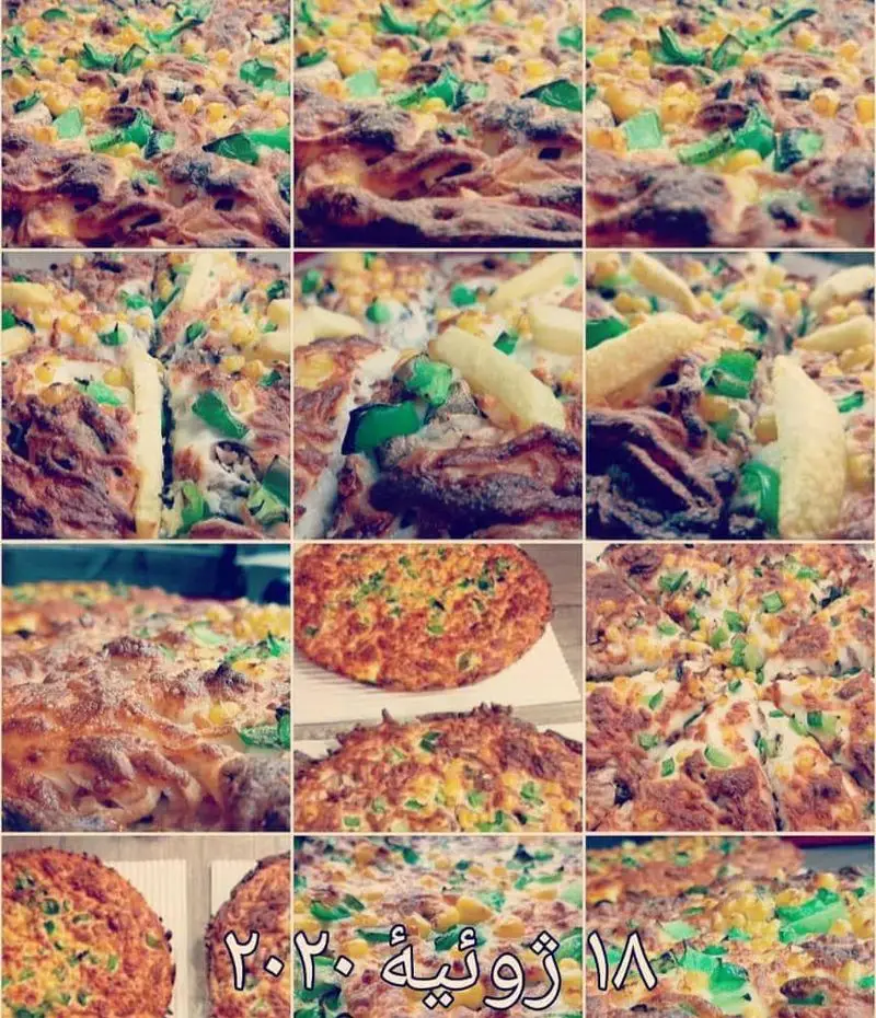 تصویر کلاژ پیتزاهای لذیذ و متنوع فست فود لاکچری، با تاپینگ‌های جذاب ذرت، فلفل دلمه‌ای و سیب‌زمینی سرخ‌کرده.