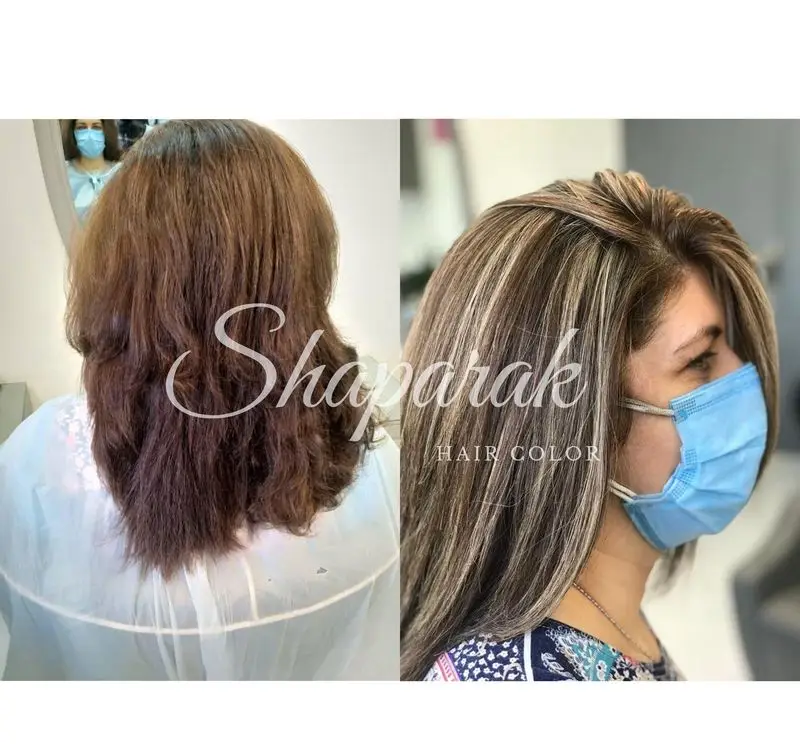 عکس قبل و بعد از انجام خدمات تخصصی رنگ و مش موی زنانه با هایلایتهای روشن و زیبا در سالن زیبایی سعیده سام نژاد