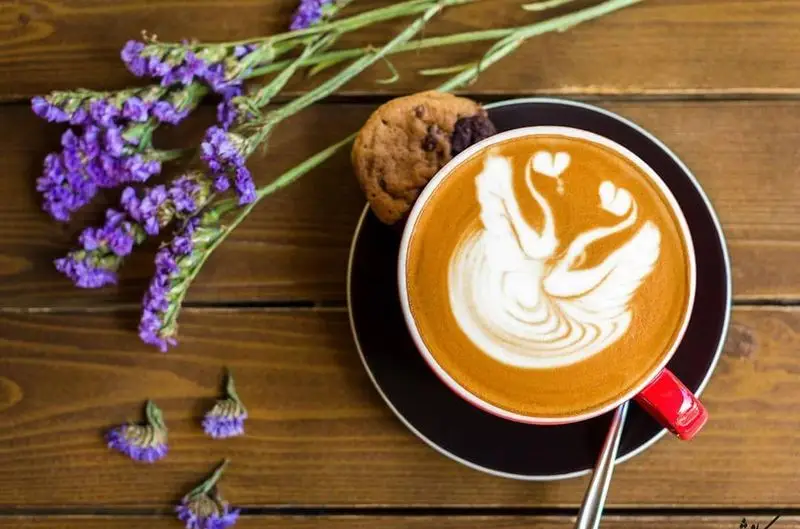 قهوه لاته آرت زیبا با طرح قو، کوکی و گل‌های بنفش روی میز چوبی در کافه رستوران کاویش؛ لحظاتی دلنشین و خاص.