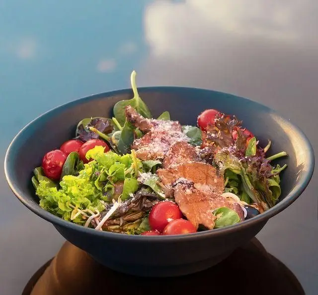 سالاد استیک با سبزیجات تازه، گوجه گیلاسی و پنیر پارمزان سرو شده در یک کاسه بزرگ، پیشنهادی ویژه از منوی کشتی رستوران رویال لانژ.