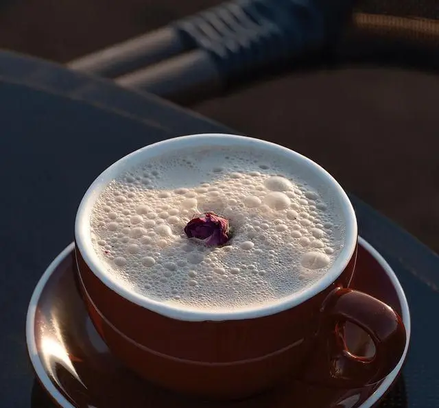 یک فنجان قهوه داغ با کف شیر و غنچه گل رز شناور، تجربه‌ای دلپذیر در کشتی رستوران رویال لانژ. لذت یک نوشیدنی خاص در دریا.