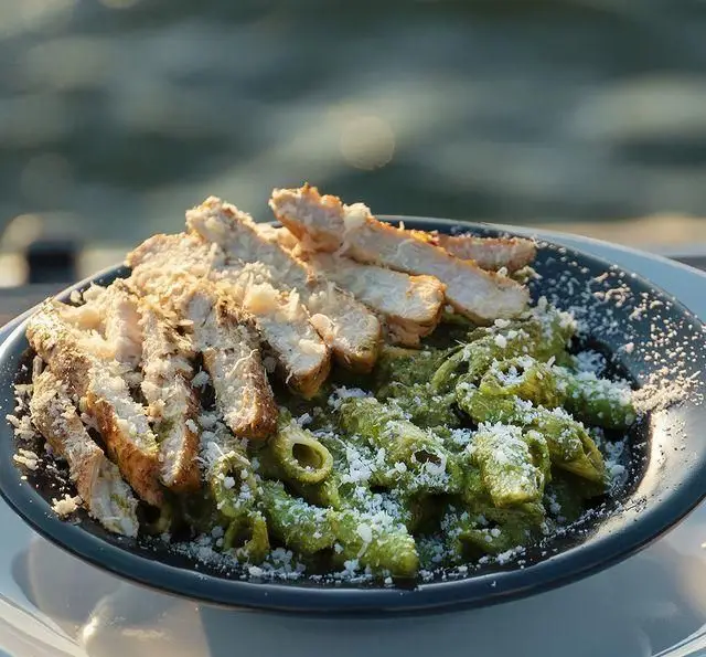 پاستا پنه سبز رنگ با سس پستو، همراه با مرغ گریل اسلایس شده و پنیر پارمزان فراوان، سرو شده در کشتی رستوران رویال لانژ.