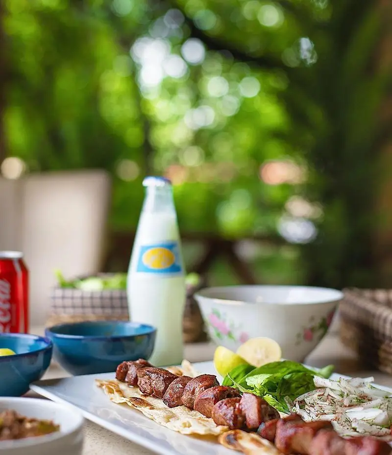 کباب دل و جگر خوش پخت کبابسرای شب زدگان در فضای سرسبز، با نان داغ، دوغ محلی، سبزی و پیاز سماقی تازه.