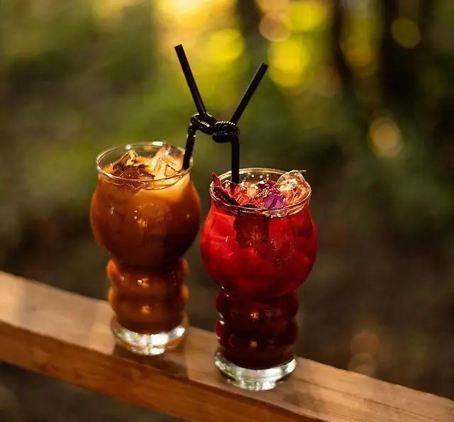 لذت نوشیدنی‌های تازه و خنک در کبابسرای شب زدگان؛ آیس کافی و شربت میوه‌ای، تجربه‌ای دلنشین با منظره‌ای عالی.