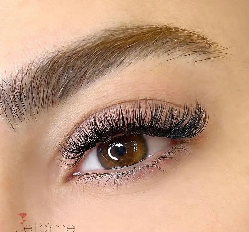 چشم قهوه ای زیبا با اکستنشن مژه والیوم پرپشت و ابروی طبیعی و خوش فرم، نمونه کار سالن زیبایی ژوتم هال.