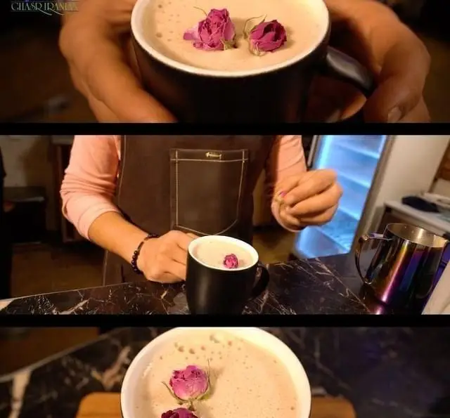 نوشیدنی لاته خاص کافه رستوران سنتی قصر ایرانیان با تزیین غنچه‌های گل رز، آماده توسط باریستای حرفه‌ای