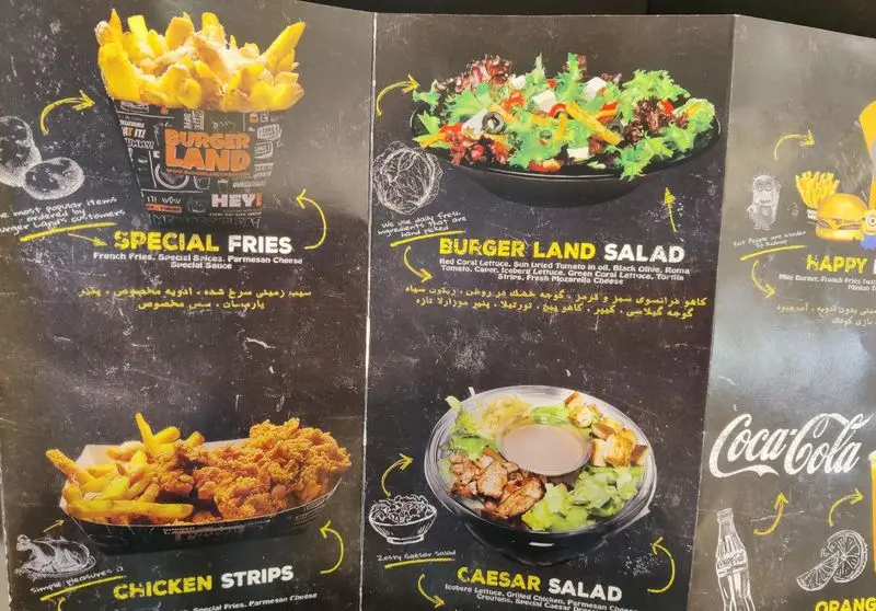 منو رستوران فست فود برگر لند: انواع سیب زمینی مخصوص، سالاد برگرلند، چیکن استریپس، سالاد سزار، نوشیدنی و جعبه شادی.