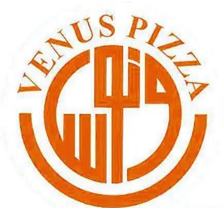لوگوی رسمی پیتزا ونوس، شامل عبارت "VENUS PIZZA" به همراه آرم و نماد تجاری خاص نارنجی رنگ در پس زمینه سفید.