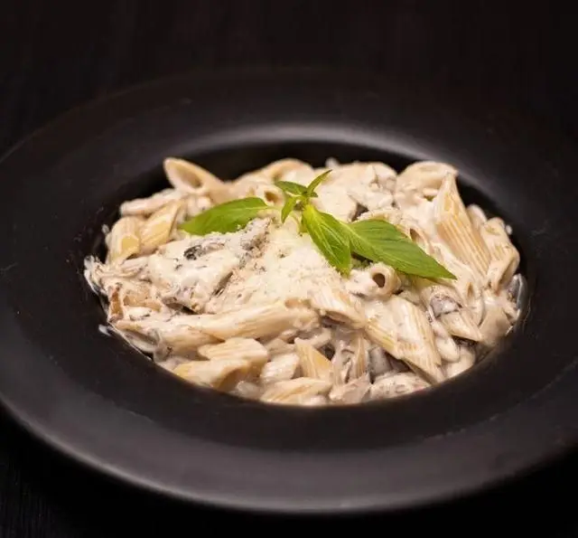 پاستا پنه با سس آلفردو خامه ای قارچ، پنیر پارمزان و ریحان تازه در کافه رستوران کاسا دل شف، انتخابی لذیذ برای ناهار و شام.