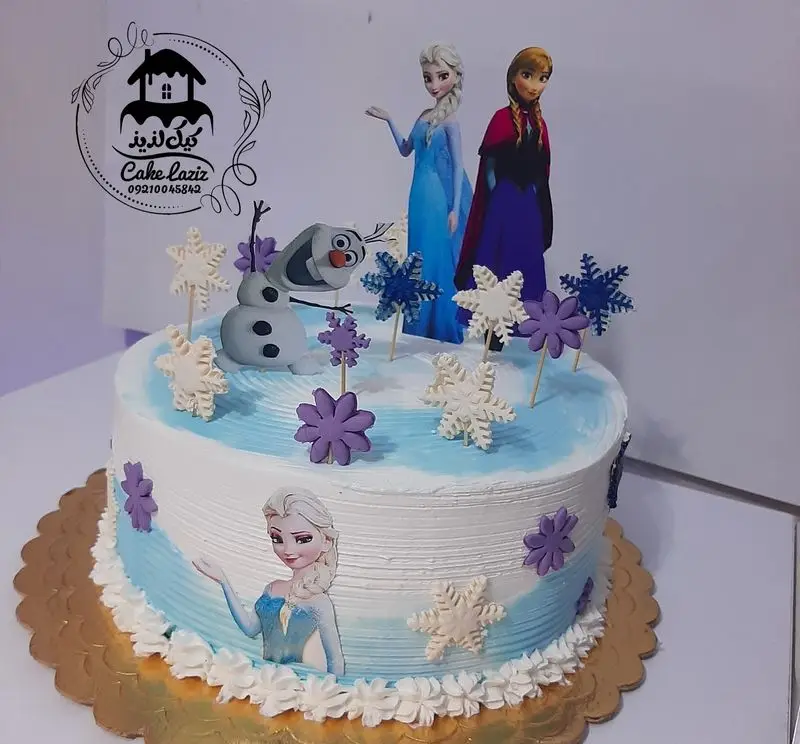 کیک تولد تم فروزن با تزیین السا، آنا و اولاف. مناسب برای جشن تولد دخترانه. سفارش آنلاین کیک فروزن از کیک لذیذ.