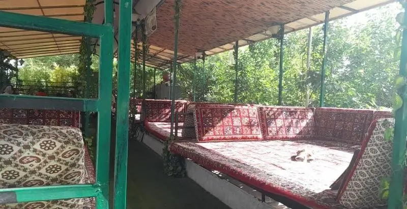 فضای سنتی و دلنشین باغ گیلاس با تخت‌های قالی‌دار در محیطی سرسبز و آرامش‌بخش، ایده‌آل برای دورهمی‌ها و تجربه‌ای به‌یادماندنی.