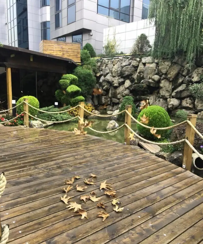 چشم‌انداز جذاب و آرامش‌بخش رستوران ترکیه‌ای دنر تُرد، شامل مسیر چوبی، باغچه سبز و آبشار سنگی زیبا در فضای باز.