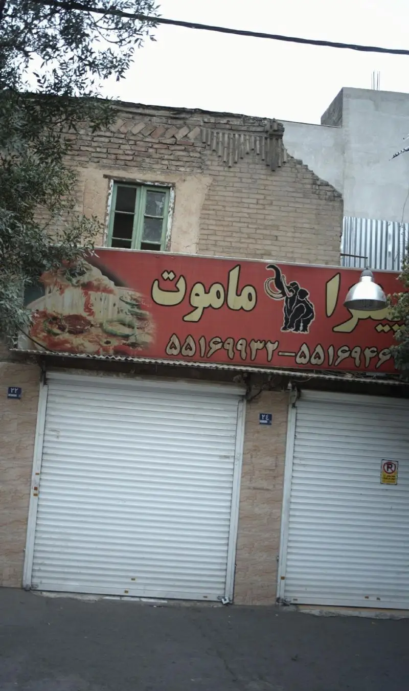 تابلوی پیتزا ماموت، رستوران فست فود با تصویر پیتزای خوشمزه و فیل، شماره تماس جهت سفارش: ۵۵۱۶۹۹۳۳ - ۵۵۱۶۹۴۶، مغازه بسته.