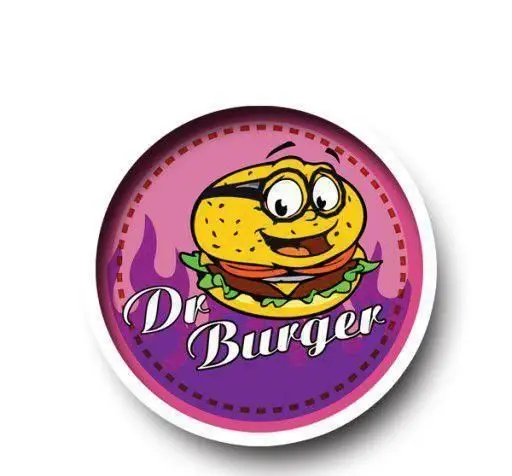 لوگوی رستوران دکتر برگر با طرح یک همبرگر کارتونی خندان که عینک زده است، زمینه صورتی و بنفش، مناسب برای فست فود.
