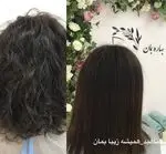 مقایسه قبل و بعد کراتین مو در سالن زیبایی بهاره بمان، موهای فر و وز به موهای صاف و براق تبدیل شده است.