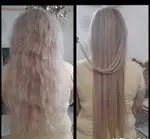 عکس قبل و بعد کراتینه و احیای موهای آسیب دیده و وز شده بلوند به همراه صافی صد در صد مو در مرکز تخصصی کراتین
