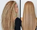 مقایسه قبل و بعد کراتینه و احیای موهای وز و آسیب‌دیده به موهای کاملاً صاف، براق و ابریشمی در سالن تخصصی مراقبت از مو