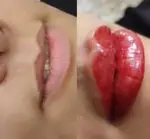 تصویر قبل و بعد شیدینگ لب و تاتو رژ لب دائم، تغییر رنگ و فرم لب‌ها با تکنیک میکروپیگمنتیشن در مرکز تخصصی آرایش دائم