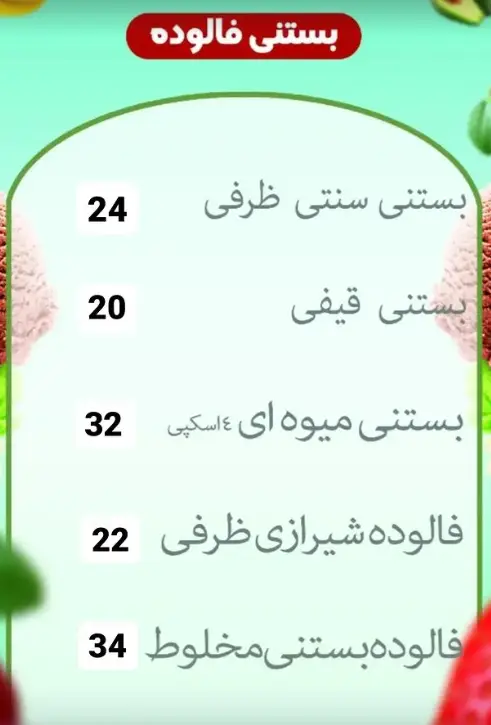 منوی کافه بستنی باباعلی شامل انواع بستنی سنتی، قیفی، میوه ای و فالوده شیرازی و مخلوط به همراه قیمت‌های به‌روز.