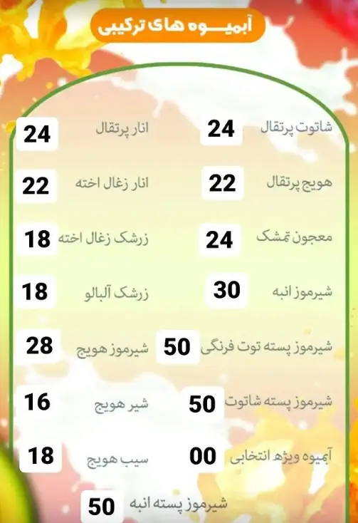 منوی کامل آبمیوه‌های ترکیبی کافه بستنی باباعلی: انواع شیک، اسموتی و آبمیوه‌های تازه شامل انار پرتقال، هویج، انبه، پسته، شاتوت و زرشک با قیمت.