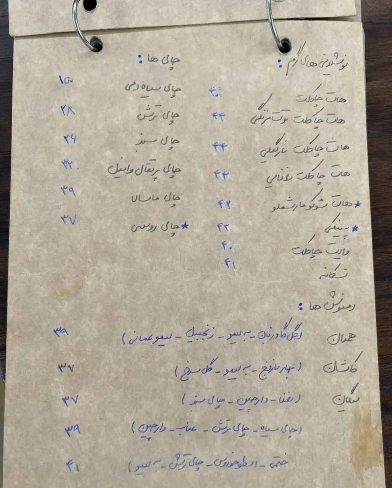 منوی دستنویس کافه گالری رحیمیه: لیست کامل نوشیدنی‌های گرم، انواع چای (سیاه، سبز) و دمنوش‌ها با قیمت.