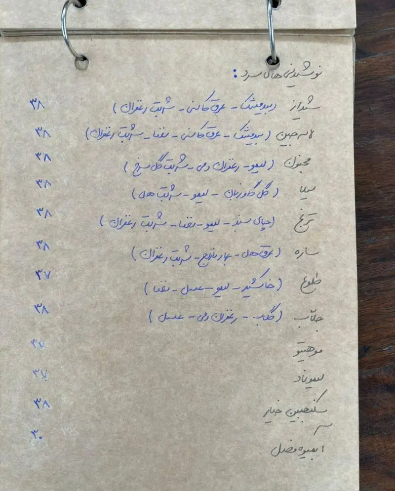 منو دست‌نویس نوشیدنی‌های سرد کافه گالری رحیمیه شامل انواع شربت‌های سنتی و عرقیجات با قیمت‌ها.