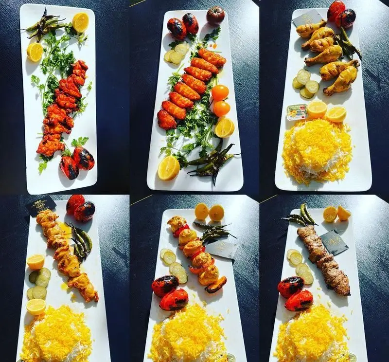 انواع کباب خوش طعم (جوجه کباب، کوبیده) و برنج زعفرانی با مخلفات لذیذ در رستوران وی آی پی کاظمی.