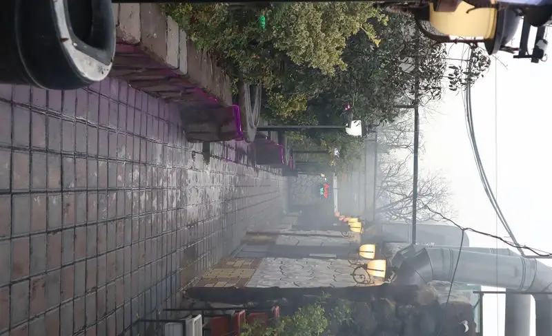 باغچه رستوران ونوس شهران تهران: مسیر سنگ‌فرش شده روشن، نورپردازی دلنشین، نیمکت‌های دنج و فضای سبز زیبا در شب مه آلود.