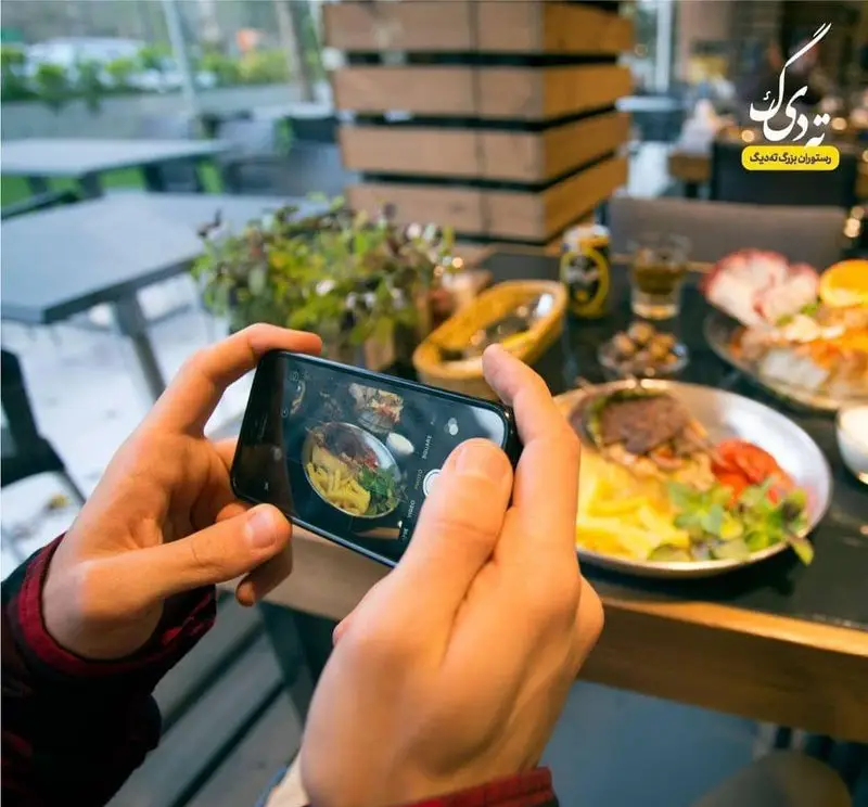 مشتری در رستوران بزرگ ته دیگ با گوشی هوشمند از بشقاب زیبای غذای خود شامل کباب، سیب‌زمینی و سبزیجات تازه عکس می‌گیرد.