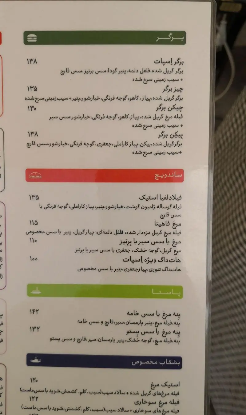 منوی کامل کافه رستوران نقطه سفید شامل انواع برگر (چیز، چیکن)، ساندویچ (فیلادلفیا، فاهیتا)، پاستا (پنه با سس خامه، پستو) و بشقاب‌های ویژه با قیمت