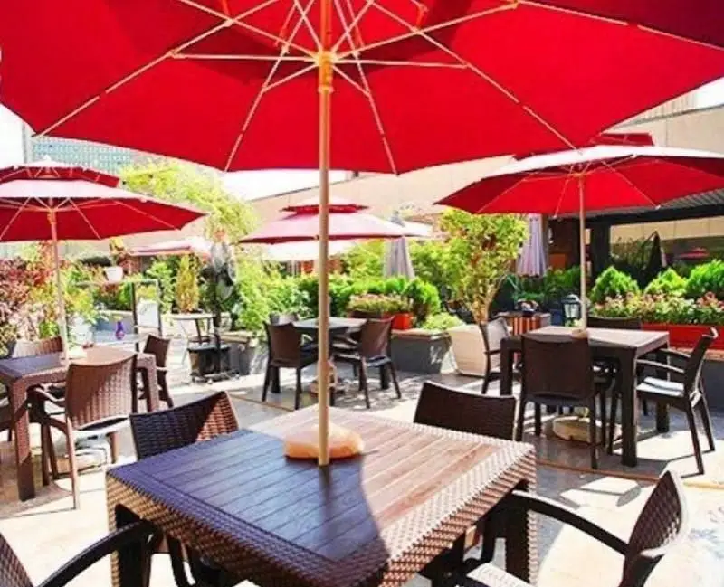 نمایی دلنشین و آفتابی از فضای باز کافه پیکولا با چترهای قرمز بزرگ، میز و صندلی‌های حصیری شیک و گل و گیاه سرسبز اطراف.