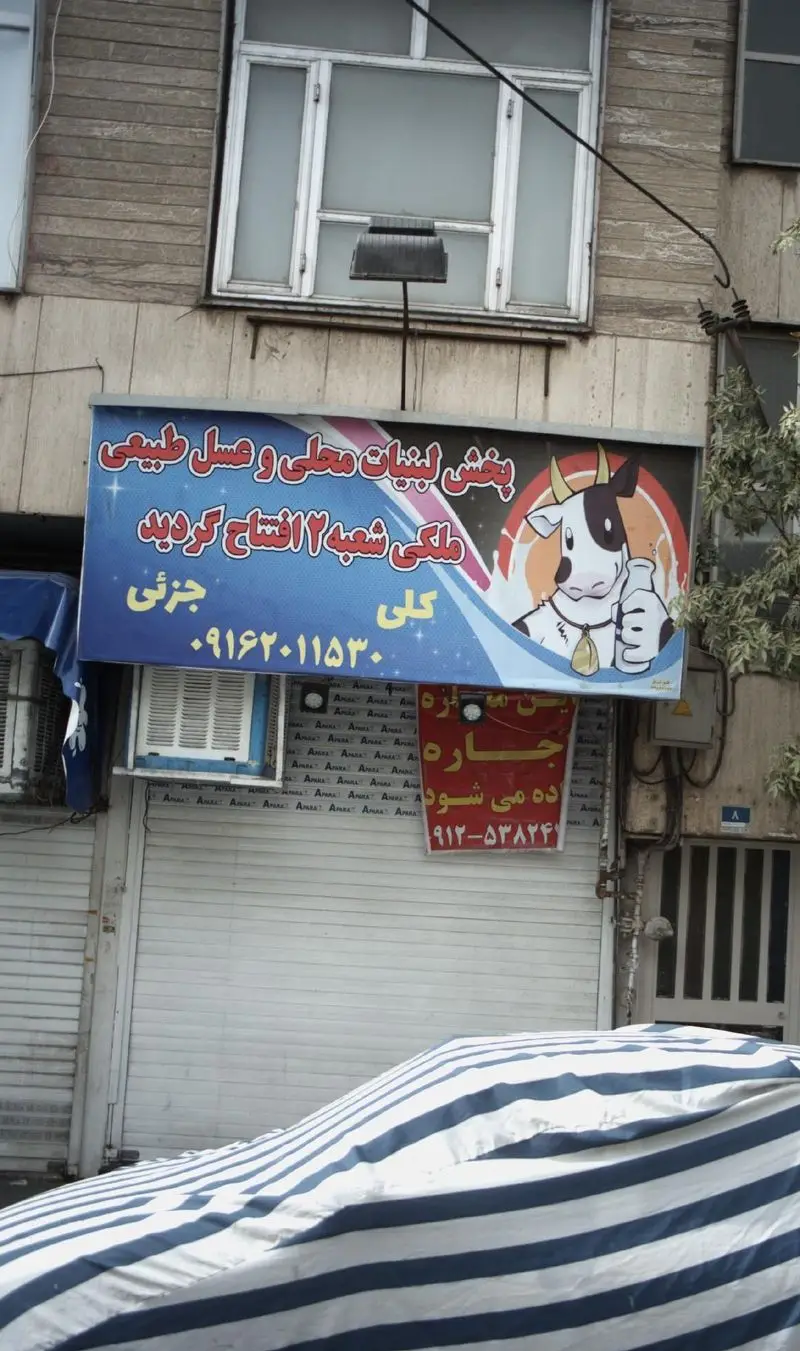 تصویری از تابلوی مغازه پخش لبنیات محلی و عسل طبیعی ملکی شعبه ۲ با گاو کارتونی که بطری شیر در دست دارد. فروش جزئی و کلی.