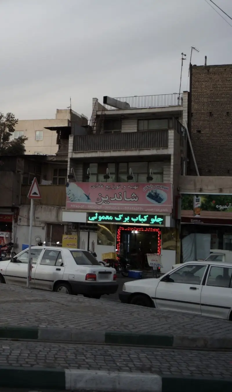 تهیه و توزیع غذای شاندیز با تابلوی چلو کباب برگ معمولی در خیابان، با نمای ساختمان، ماشین‌های پارک شده و محیط شهری.