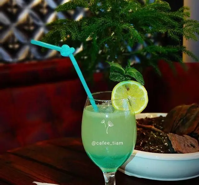 نوشیدنی سبز خنک و تازه در کافه و سفره خانه تیام. موهیتو نعنا و لیمو با تزئین زیبا، انتخابی عالی برای رفع خستگی در محیطی دلنشین.