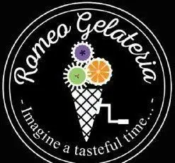 لوگوی Romeo Gelateria، بستنی ایتالیایی دست‌ساز. تصویر مخروط بستنی با اسکوپ‌های چرخ‌دنده، برش پرتقال و شعار «Imagine a tasteful time...»