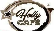 لوگوی هالی کافه، نماد تجاری خاص با فونت دست‌نویس "Holly" و کلمه "CAFE"، به همراه ستاره دنباله‌دار و فرم‌های دایره‌ای به رنگ‌های قهوه‌ای و بژ.