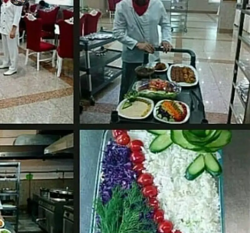 نمای کلی از رستوران سنتی سپیدار: آشپزخانه مجهز، سالن پذیرایی، کباب و غذاهای اصیل ایرانی همراه با سرو زیبا و تزیینات چشم‌نواز.