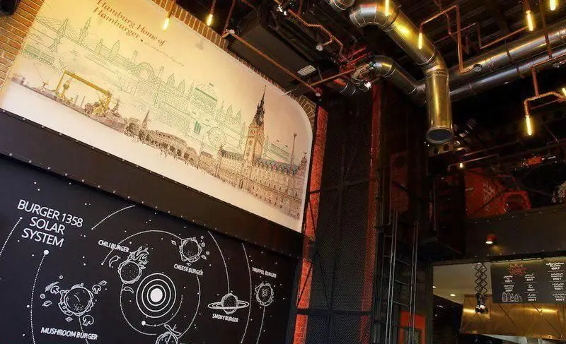 نمایی از دکوراسیون داخلی خلاقانه برگر ۱۳۵۸ با دیوارنگاره هامبورگ، منوی "منظومه شمسی برگر" و طراحی صنعتی منحصر به فرد.