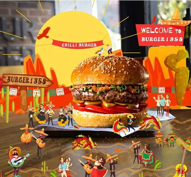 برگر لذیذ و پرملات چیلی از برگر ۱۳۵۸ در محیطی شاد با طراحی مکزیکی. بهترین فست فود برای تجربه طعم اصیل.