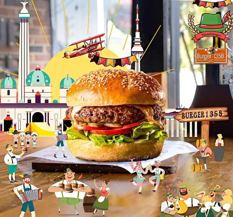 برگر ۱۳۵۸: همبرگر لذیذ در فضایی با تم جشن‌های آلمانی، شامل رقص محلی، موسیقی و نمادهای مشهور برلین.