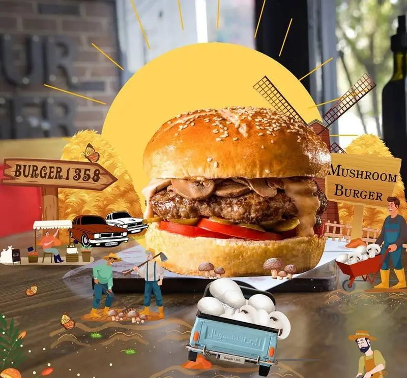 برگر ۱۳۵۸: تصویر یک همبرگر قارچ لذیذ با تاکید بر تازگی مواد اولیه و فرایند تولید ارگانیک قارچ، تجربه‌ای بی‌نظیر.