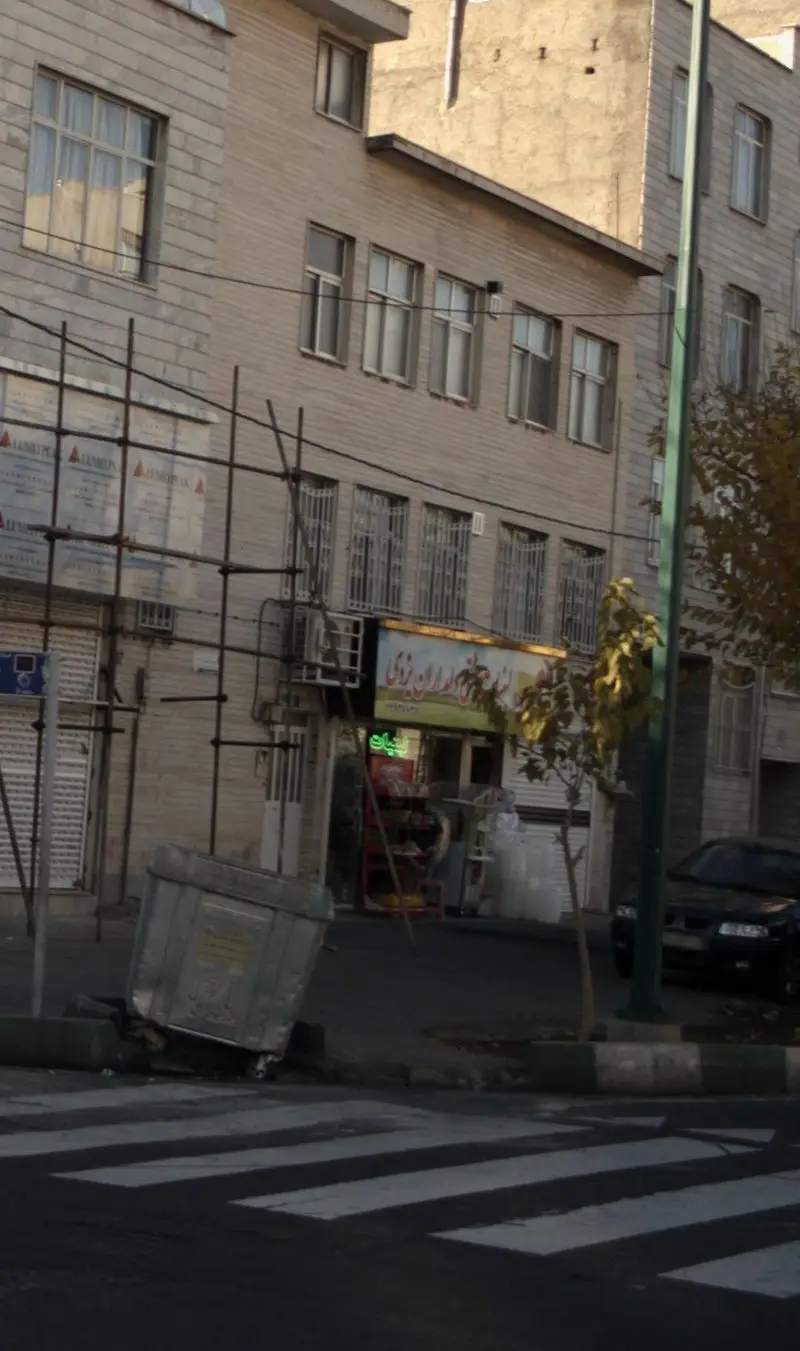 نمایی از مغازه لبنیات سنتی دامداران یزدی در یک خیابان شلوغ شهر، با سطل زباله و خط عابر پیاده در پیش‌زمینه.