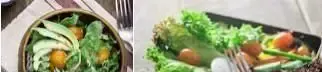 دو ظرف سالاد رژیمی و سالم فست فود آشپزخانه سبز با سبزیجات تازه، آووکادو و گوجه گیلاسی، مناسب برای وعده غذایی سبک.