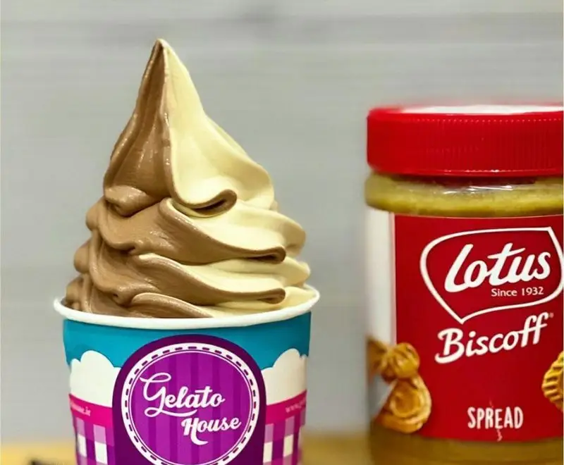 بستنی ژلاتو دو رنگ شکلاتی و بیسکاف از ژلاتو هاوس، دسر لذیذ و پرطرفدار برای دوستداران شیرینی و جلاتو.